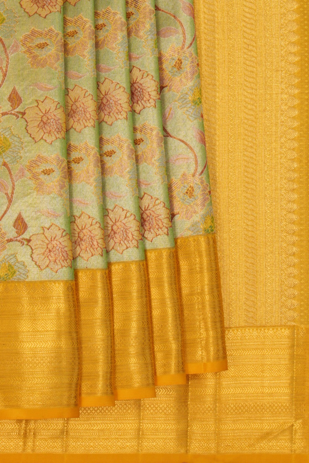 Image of Gold Green Brocade Kanchivaram Silk Saree